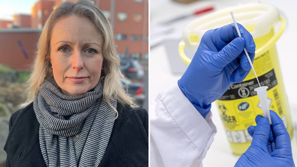 Två bilder. Porträttbild på Anna Skogstam samt närbild på ett coronatest där person i blå plasthandskar håller i ett covid-19-test.