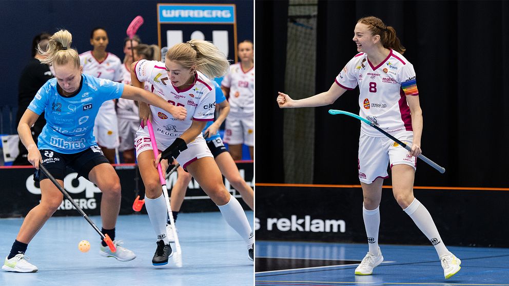 Warbergs Amanda Ahola och Malmö FBC:s Johanna Ejdelind till vänster, Ellen Rasmussen till höger.