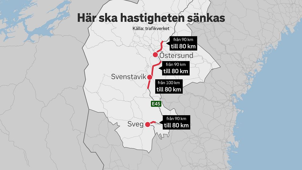 karta över Jämtlands län, med bitar av E45 rödmarkerad. På de rödmarkerade sträckorna sänks hastigheten till 80 kilometer i timmen.