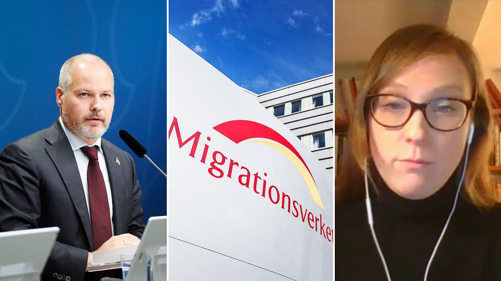 Arkivfoto på Morgan Johansson från presskonferens, Migrationsverkets lokaler och skärmdump på en kvinna från ett videosamtal.