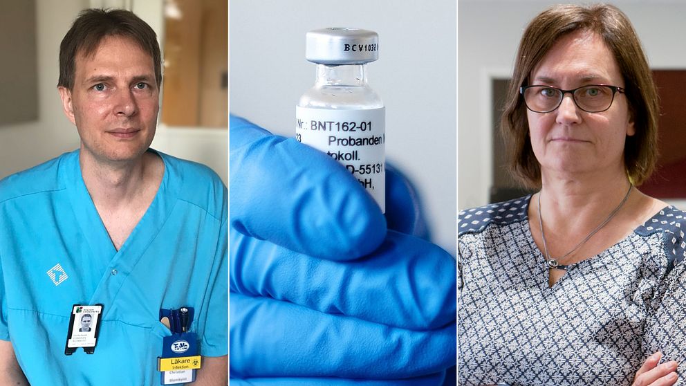 Bilden är ett collage med tre bilder. Den vänstra bilden är en porträttbild på smittskyddsläkaren Christian Romin Blomkvist från bröstet och uppåt. Den vänstra bilden är en bild på primärvårds- och rehabchef Lena Andersson Nazzal. Hon syns också från bröstet och uppåt. Mittenbilden är en bild på en hand i en blå gummihandske som håller i en vaccinflaska.