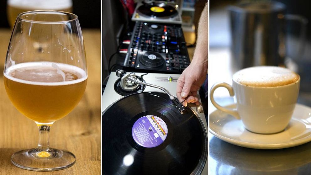 Tre bilder med ett ölglas, en DJ som spelar skivor samt en kaffekopp.