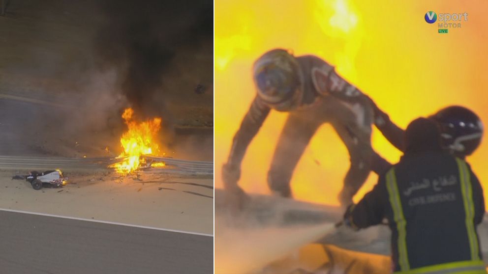 Formula 1-föraren Romain Grosjean flyr ut ur den brinnande bilen.