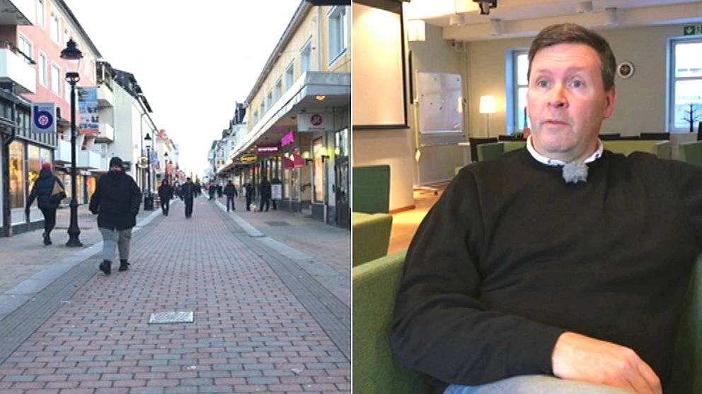 Vy över Storgatan i Piteå och bild på Ulf Fjällström, näringslivsutvecklare på Piteå kommun.