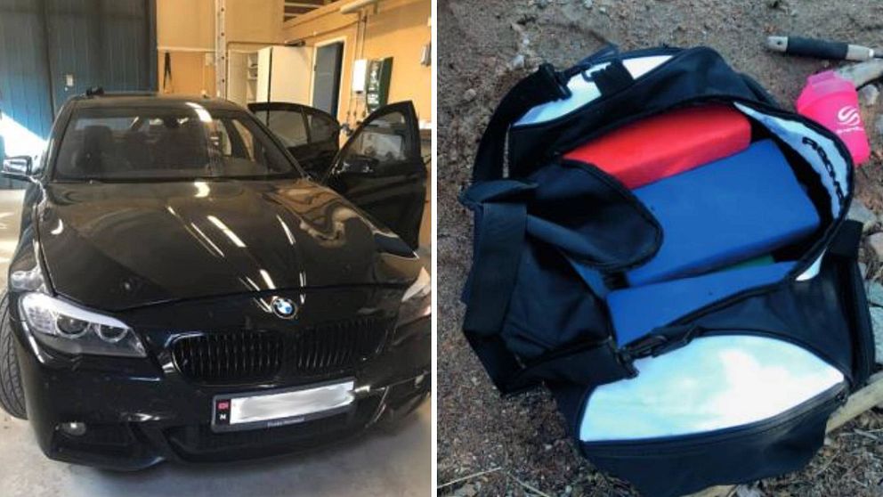En svart BMW i ett garage samt en sportväska med paket i olika färger innehållande kokain.