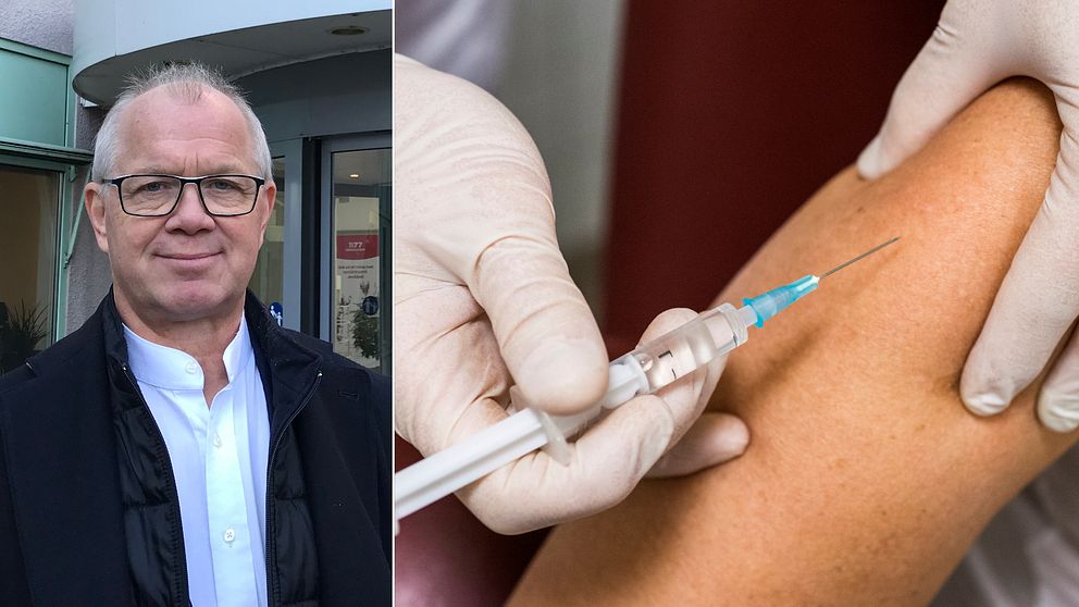 Bilden är ett collage. Den vänstra bilden är en porträttbild på Christer Jonsson, vice ordförande i regionstyrelsen Kalmar län. Han syns från bröstet och uppåt. Den högra bilden visar en arm och ett par plasthandskeklädda händer som håller i armen och i en spruta. Bilden föreställer en vaccination.