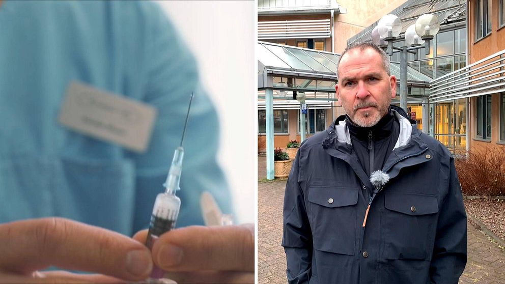Två bilder. Till vänster vårdpersonal med en vaccinspruta i handen och till höger Anders Nordmark utanför Regionens hus i Karlstad.
