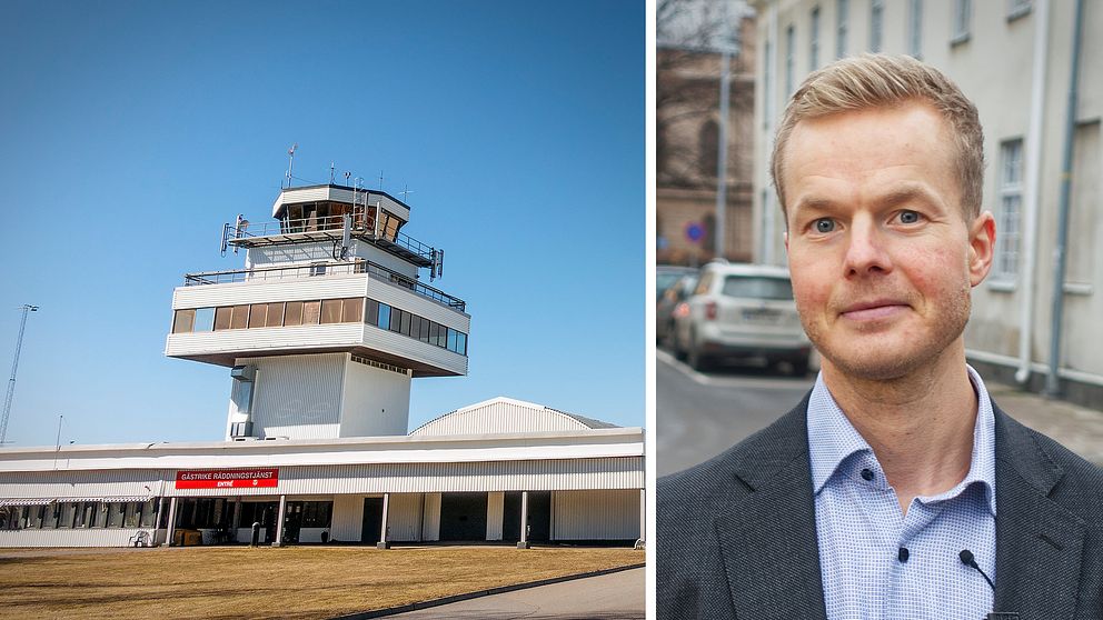 Dubbelbild. Flygtornet på Rörberg och Gävle kommuns miljöchef, Patrik Gustavsson.