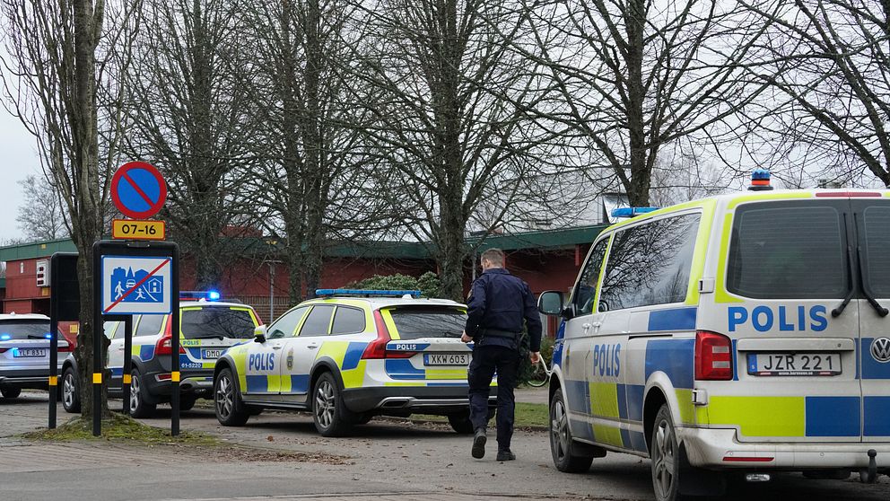 Bilden föreställer två polisbilar och en polisbuss som står parkerade efter varandra längs med en trottoar. Framför polisbussen står en polis i mörkblå uniform och kortklippt brunt hår. Det är bara ryggen på polisen som synd. I bakgrunden skymtar en röd låg byggnad och nakna träd mot en grå himmel.