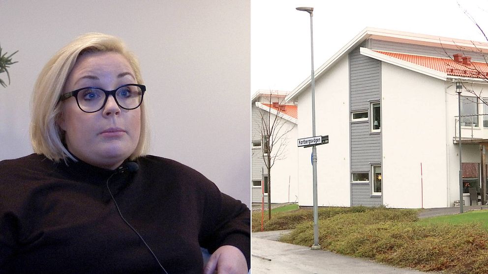 Till vänster: blond kvinna i glasögon. Till höger: Vita husfasader och vägskylt med texten ”kartbergsvägen”