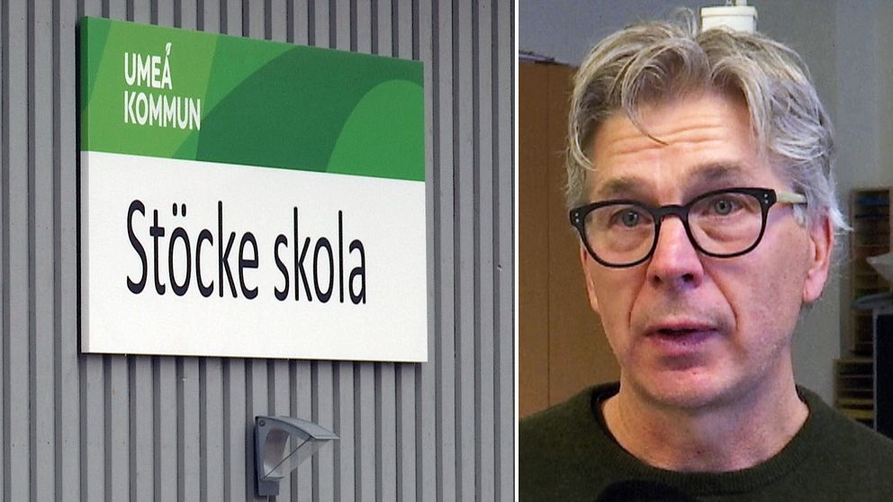 skylt på Stöcke skola, samt närbild på skolstrategen Gunnar Olofsson, en man med glasögon