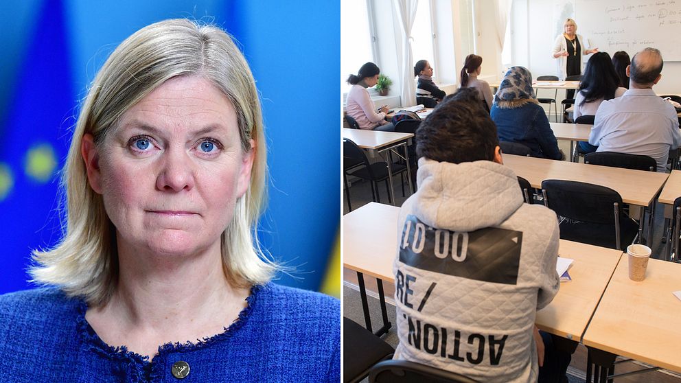 Finansminister Magdalena Andersson (S). Till höger språkundervisning på SFI.