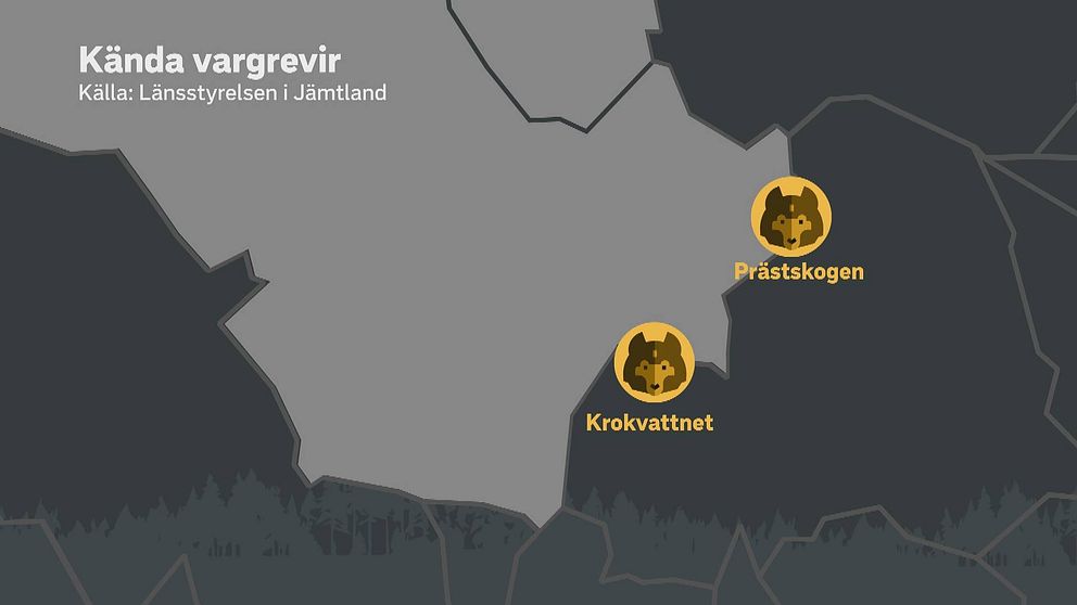 Karta över Härjedalen och Gävleborg. Rubrik: Kända vargrevir. Två gula cirklar markerar Prästskogen och Krokvattnet på gränsen mellan Gävleborg och Härjedalen.