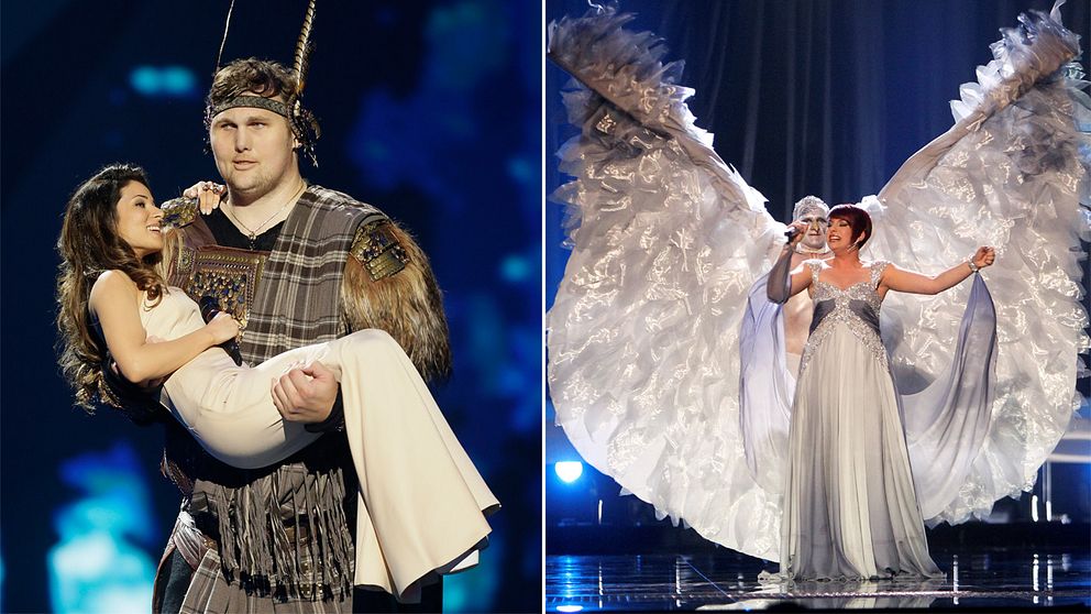 Zlata Ognevich blev 2013 buren av Igor Vovkovinskiy. Till höger 2008 års tävlande Thea Garrett vars klänning förvandlades till en fågel.