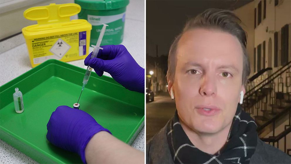 Tekniker simulerar förberedande av vaccinet / Jonas Sverin, frilansjournalist i London.