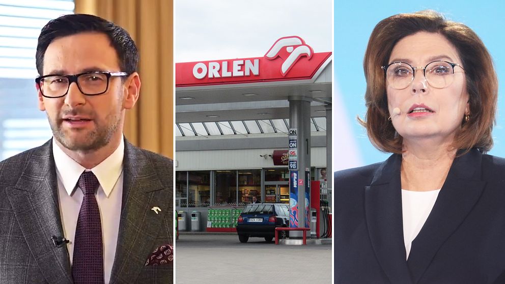 Fotomontage. PKN Orlens vd Daniel Obajtek, en av företagets bensinstationer, och oppositionspolitikern Małgorzata Kidawa-Błońska. Arkivbilder.