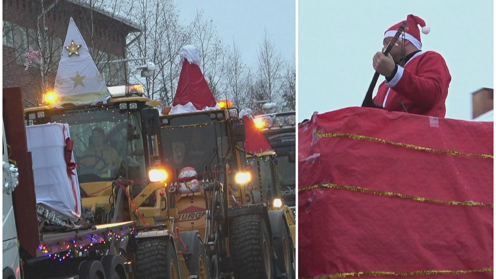 Luciatåg med traktorer och lastbilar.