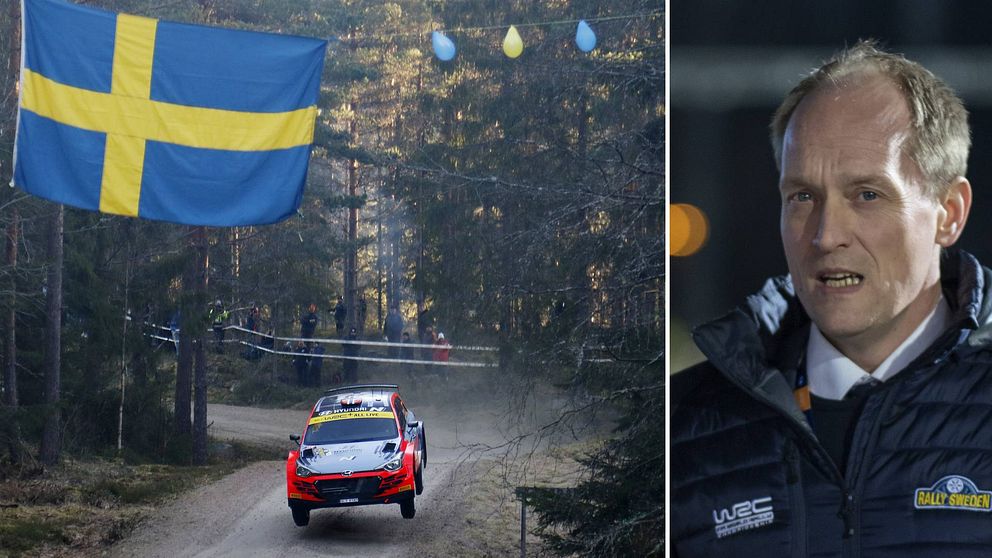 Två bilder. En rallybil och en svensk flagga på en sträcka från rallyt 2020 samt rallyts vd Glenn Olsson.