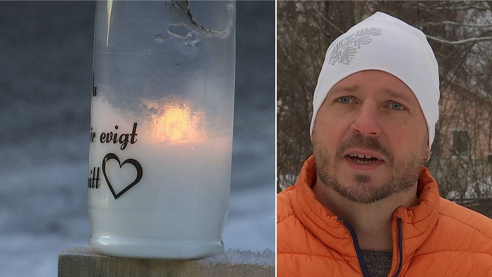 Dubbelbild. Till vänster ett tänt gravljus, till höger en skäggig man i vid mössa och orange jacka