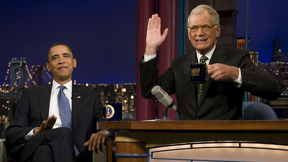 USA:s president Barack Obama och David Letterman under inspelningen av Lettermans sista show. Den legendariske programledaren, som gjort över 6.000 program, hedrades av en rad kändisar under sin sista sändning.
