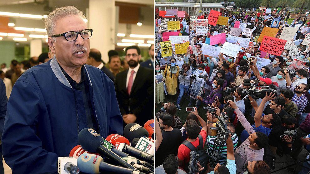 Tuffare lagstiftning mot våldtäkt har godkänts i Pakistan, efter stora protester. Bilden visar president Arif Alvi, samt människor som protesterar efter att en kvinna gruppvåldtagits då hennes bil gått sönder vid en motorväg.