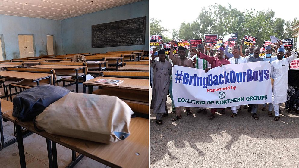 Över 300 av de pojkar som rapporterades ha kidnappats från en skola i Nigeria ska ha släppts fria. Bilden visar skolväskor som ska tillhöra några av pojkarna, samt människor som protesterar för att myndigheterna ska rädda pojkarna.