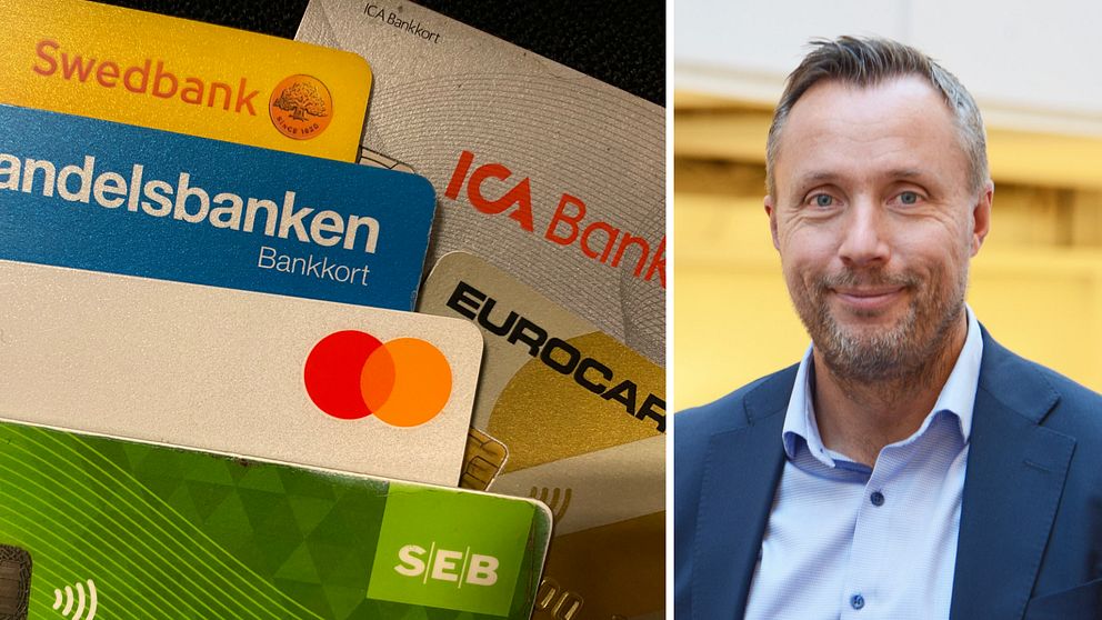 På ena halvan av bilden syns kreditkort. På den andra, Per-Olof Lindh som är enhetschef på Kronofogden.