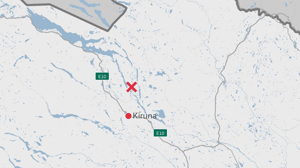 En karta över delar av Norrbottens län. Olycksplatsen är markerad med ett kryss.