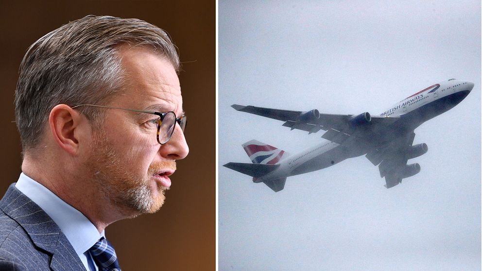 Bilden visar inrikesminister Mikael Damberg (S) samt ett brittiskt passagerarflygplan.