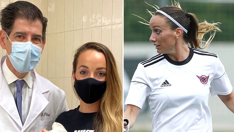 Asllani och läkaren som opererat henne, samt Asllani under en match i Real Madrid.