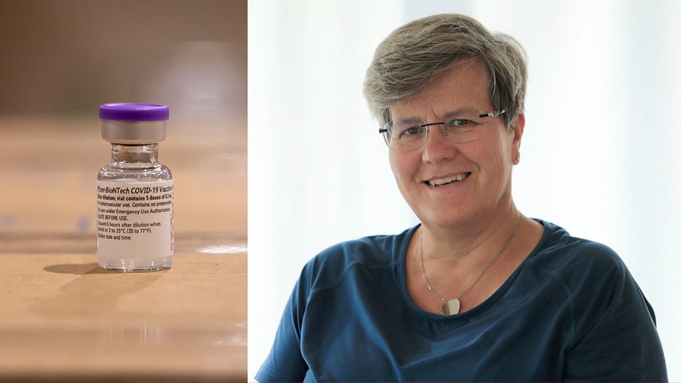 Bilden är ett collage. Den vänstra bilden är en bild på en burk covidvaccin med lila lock. Den högra bilden är en porträttbild på vaccinationssamordnare Marie Ragnarsson.