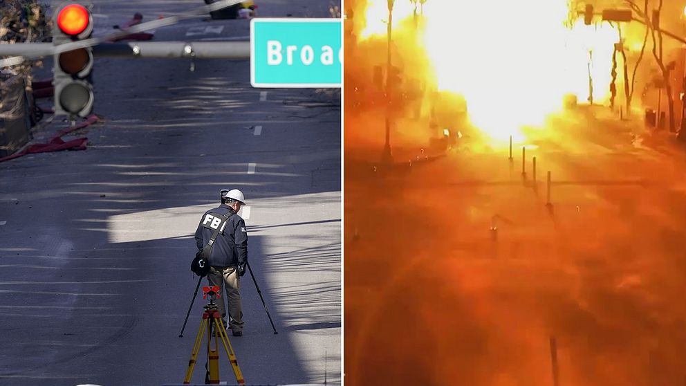 En 63-årig man misstänks för explosionen i Nashville på juldagen. Bilden visar en FBI-anställd i Nashville ett par dagar efter explosionen, samt en bild från en övervakningskamera, som visar explosionen.