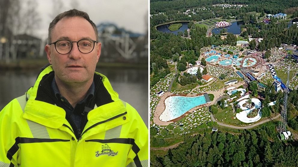 Janne Nilsson, vd Skara Sommarland och flygbild över Sommarland med mycket folk