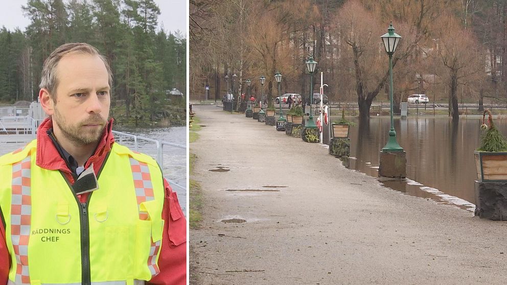 Två bilder. Räddningschefen Mattias Larsson till vänster. Centrala Arvika med stadsparken till höger.