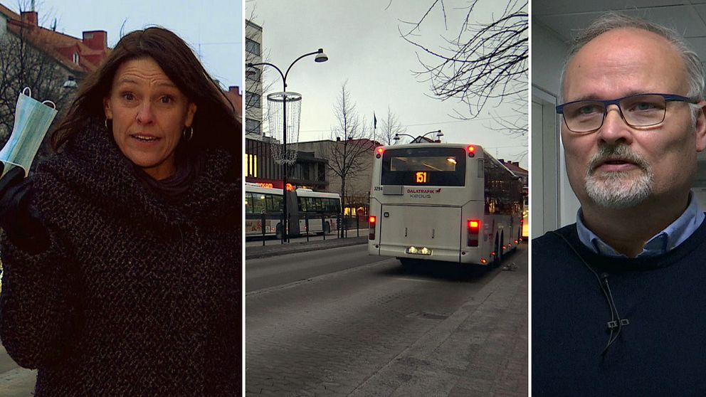 en kvinna med munskydd i handen, en buss och en man med grått hår.