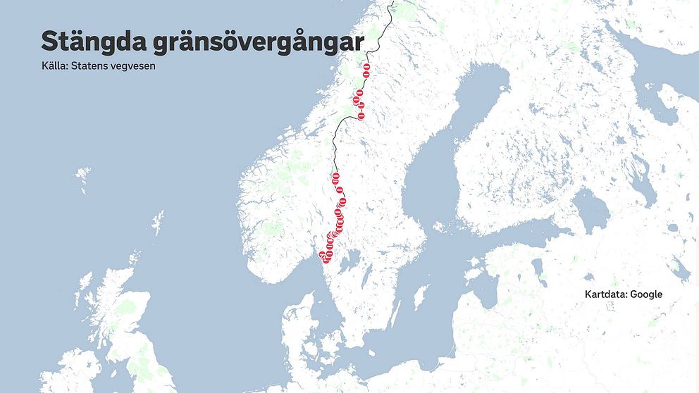Karta över Norden med röda markeringar längs gränsen mellan Norge och Sverige.
