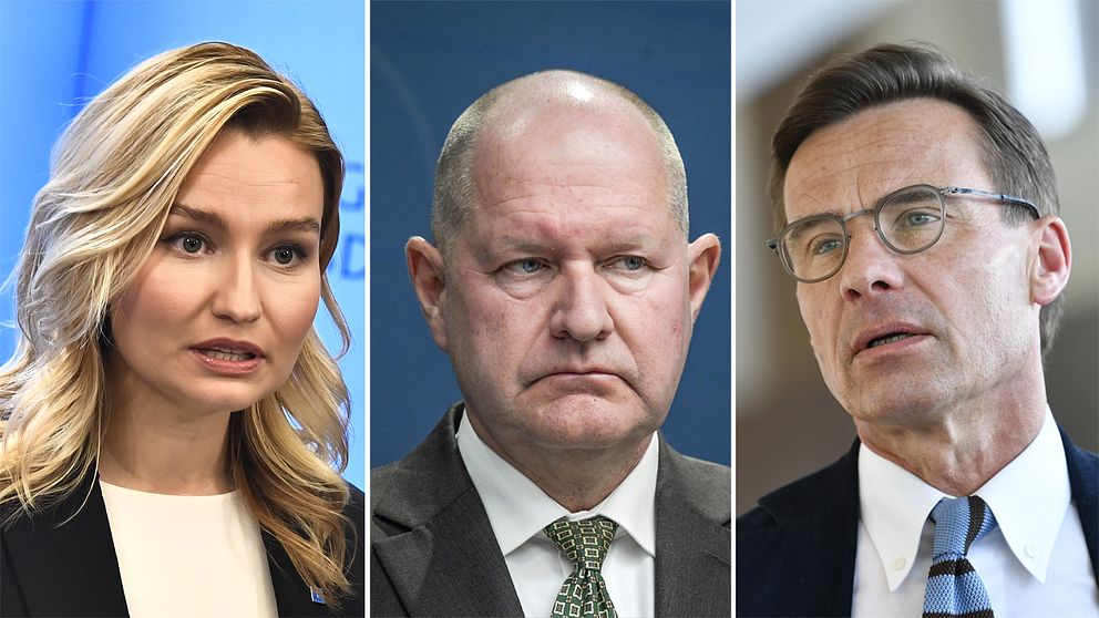 Ebba Busch (KD), Ulf Kristersson (M) och MSB-chefen Dan Eliasson.