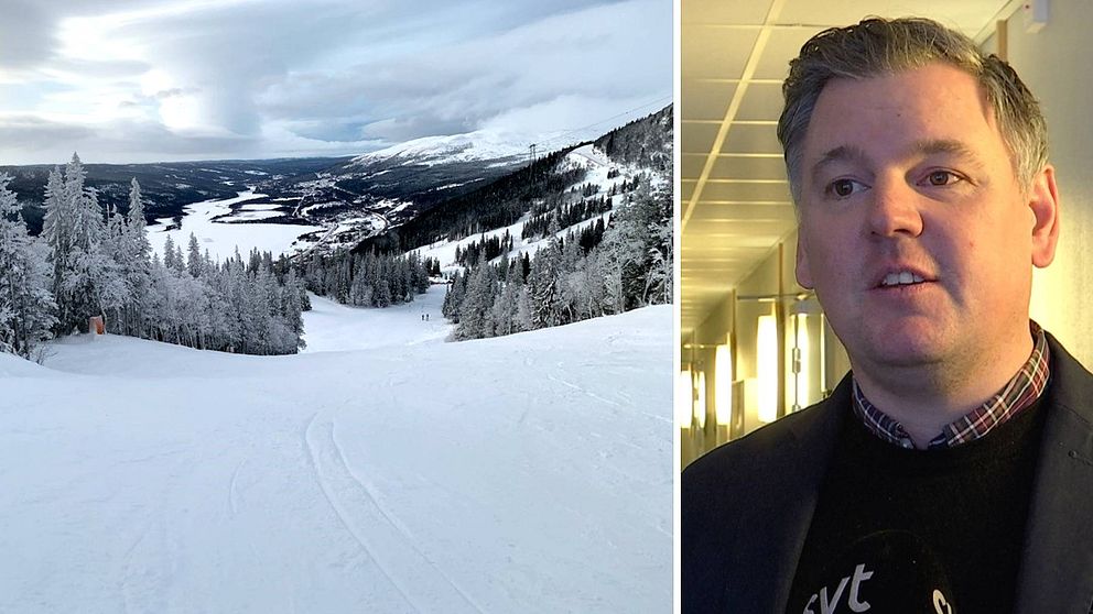 vy ner över skidbacken i Åre, samt närbild på medelålders man – Johan Bûrger Hyllienmark.