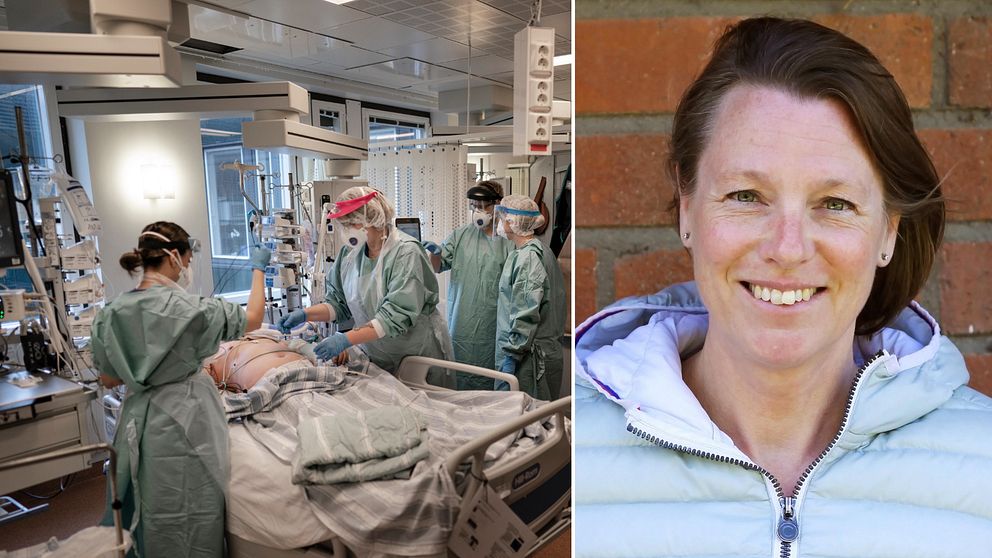 Sjuksköterskor hjälper en coronasjuk patient och Ann Rudman, docent vid Högskolan Dalarna som ska leda studien.