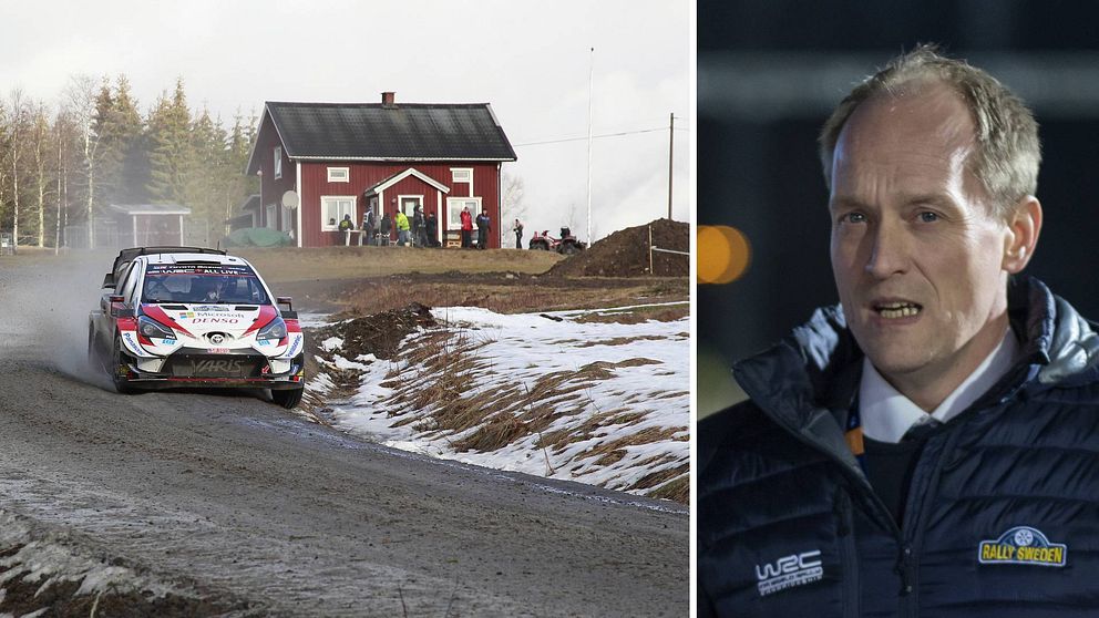 Två bilder. En rallybil på en grusväg under Svenska rallyt 2020 samt rallyts vd Glenn Olsson.