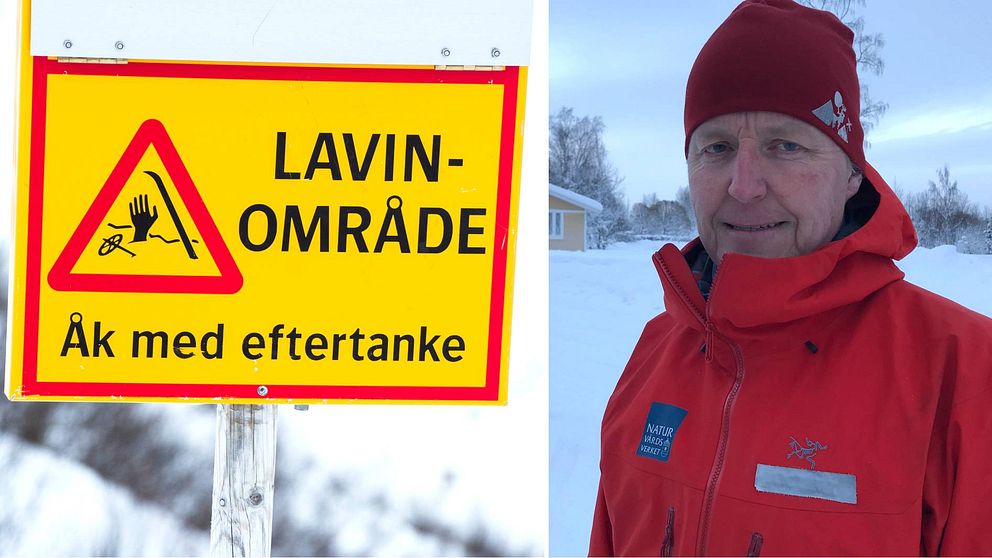 Dubbelbild. Till vänster en gul skylt med röda markeringar och texten ”Lavinområde, Åk med eftertanke”. Till höger man med röd jacka och röd mössa.