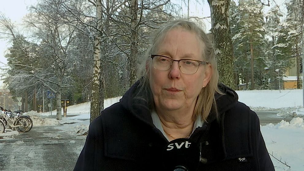 Cecilia Nordenson, en äldre medelålders kvinna, intervjuas utomhus vintertid