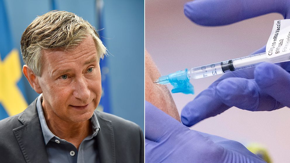 Montage. Sveriges vaccinsamordnare Richard Bergström och en vaccinationsspruta.