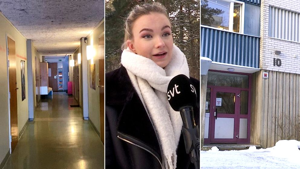 En studenkorridor, en kvinnlig studen och porten till ett studentboende i Flogsta