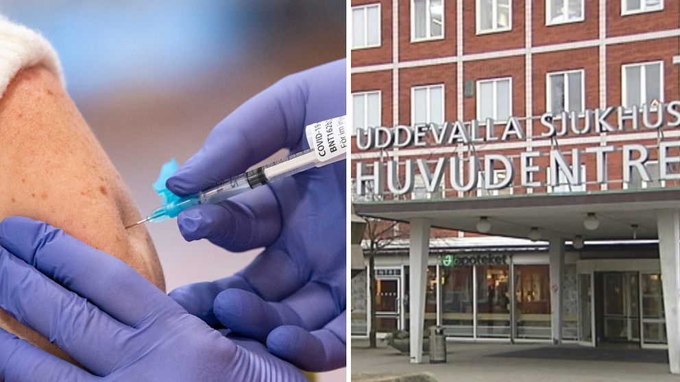 En bild på en person som blir vaccinerad och en bild på Uddevalla sjukhus.
