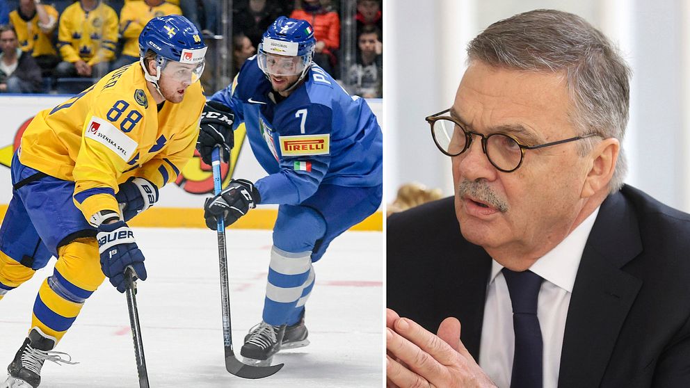 Pressen är stor på IIHF:s ordförande René Fasel, till höger.