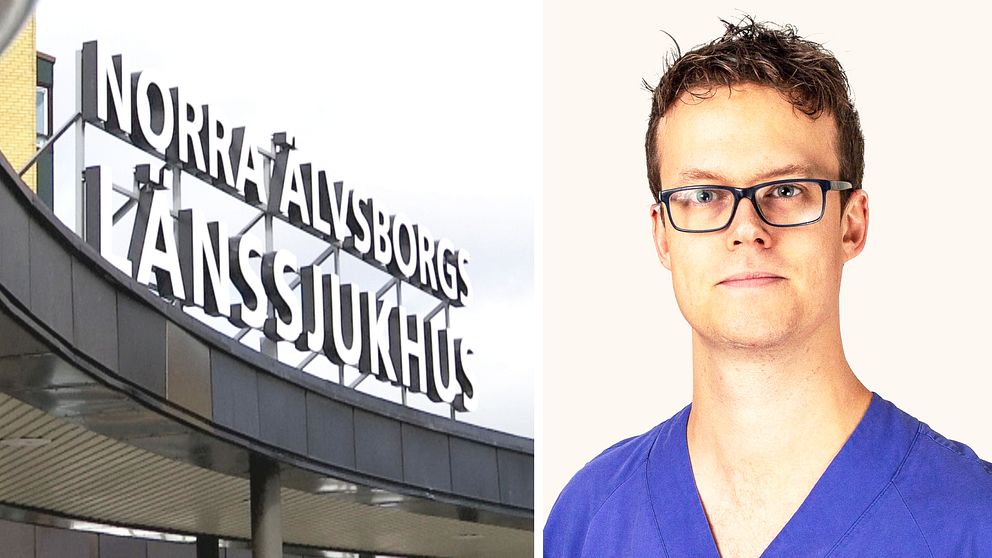 Till vänster en bild på Norra Älvsborgs Länssjukhus och till höger en bild på en läkare.