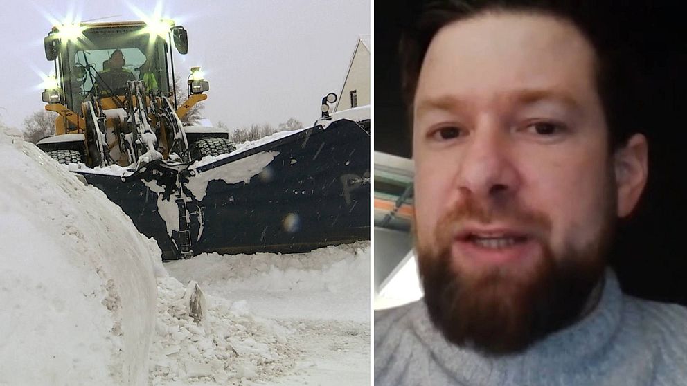 Dubbelbild. Till vänster traktor som schaktar snö. Till höger en skäggig man i grå stickad tröja.