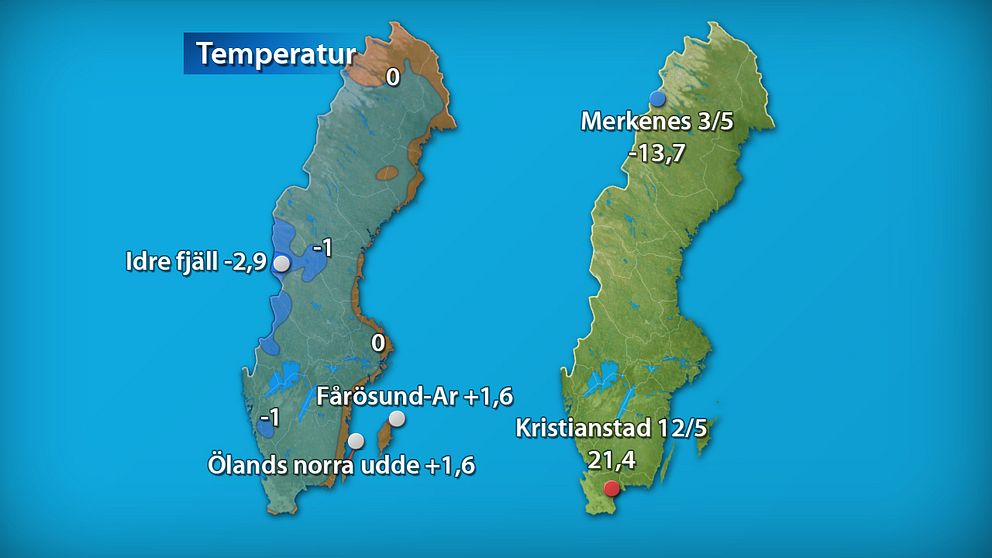 Till vänster månadens medeltemperatur jämfört med referensperioden 1961-1990 (och de stationer som fick störst/minst över/underskott). Till höger månadens högsta och lägsta temperatur.