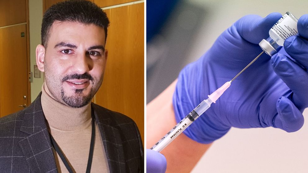 En man till vänster och en bild på en spruta som går in i vaccinampull.